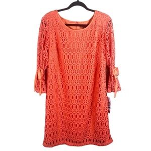 Madison Leigh Coral Crochet Overlay Boho Poet Sleeves 3/4 Sleeve Dress Size 16.
